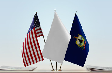 Flags of USA and Vermont with a white flag in the middle