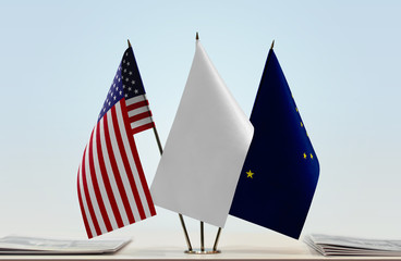 Flags of USA and Alaska with a white flag in the middle