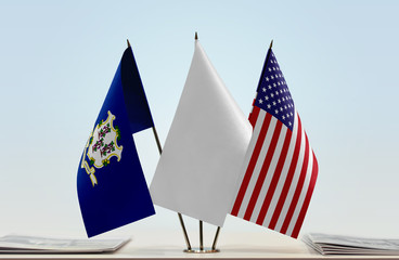Flags of Connecticut and USA with a white flag in the middle
