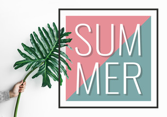 Summer text with female holding monstera leaf on color background