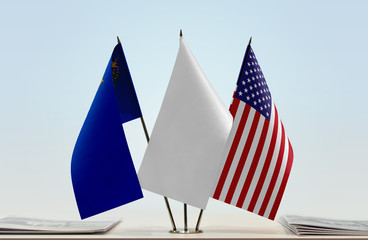 Flags of Nevada and USA with a white flag in the middle