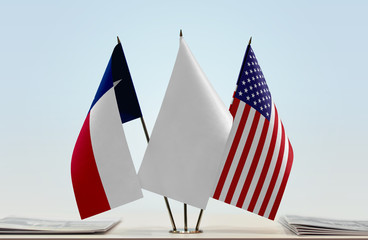 Flags of Texas and USA with a white flag in the middle