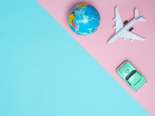 Fototapeta premium Travel around the world for your colourful life .Enjoy the funny trip journey .Top view for copy space some idea your create destination .object cute .