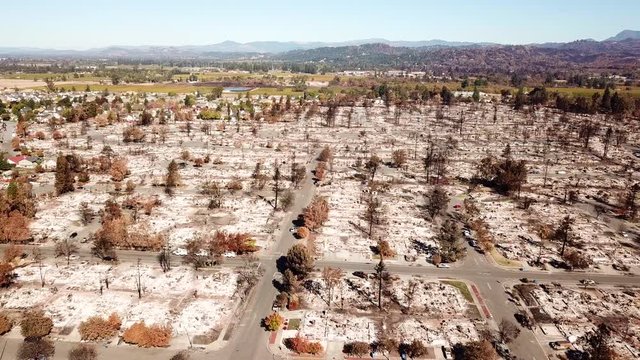 Shocking aerial of devastation from the 2017 Santa Rosa Tubbs fire disaster which destroyed whole neighborhoods.