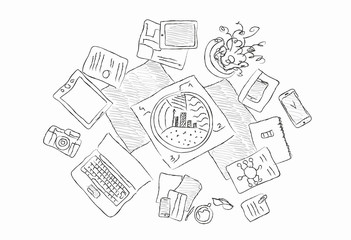 Drawn image of work table with objects