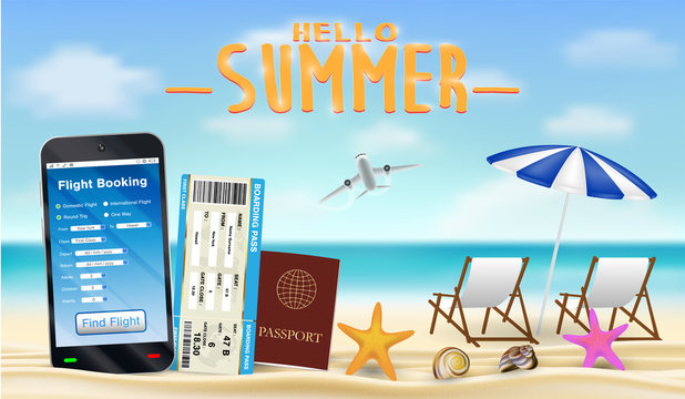 smartphone with online flight booking app on beach