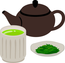 緑茶の茶葉と湯呑みと急須