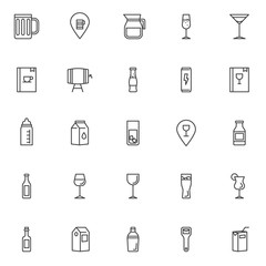 Drinks and beverages outline icons set. linear style symbols collection, line signs pack. vector graphics. Set includes icons as beer mug, water jug, champagne glass, cocktail , wine barrel, milk pack