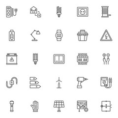 Electrician outline icons set. linear style symbols collection, line signs pack. vector graphics. Set includes icons as electric power supply, fluorescent lamp, power socket, battery, toolbox