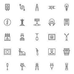 Electrician elements outline icons set. linear style symbols collection, line signs pack. vector graphics. Set includes icons as electrical panel, electric plugs, broken electrical wires, transformer