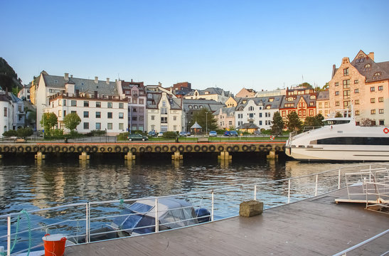 Waterfront of Alesund - famous northern tourist Norwegian city, in the last century, here the marine and coastal fisheries have been demonstrated a great development in Scandinavia