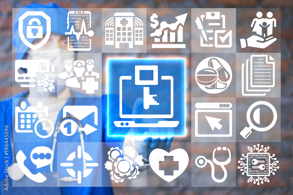 Poster doctor presses laptop key button on a virtual windows touchscreen. security access mobile hospital c