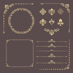 Vintage set of vector horizontal, square and round elements. Different elements for design, frames, menus, backgrounds and monograms. Classic patterns. Set of vintage golden patterns