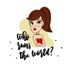 girl run the world - vector composition of modern woman in evening red dress with hand drawn lettering