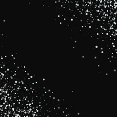 Amazing falling snow. Scatter cornered border with amazing falling snow on black background. Fascinating Vector illustration.