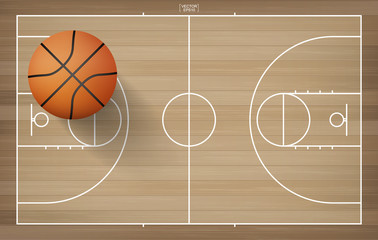 Basketball ball on basketball field with line court area. Vector illustration.