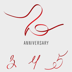 red ribbon in shape of figures 2, 3, 4, 5. Vector isolated emblems for anniversary of company.