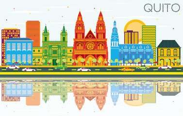 Obraz premium Quito Ecuador City Skyline with Color Buildings, Blue Sky and Reflections.