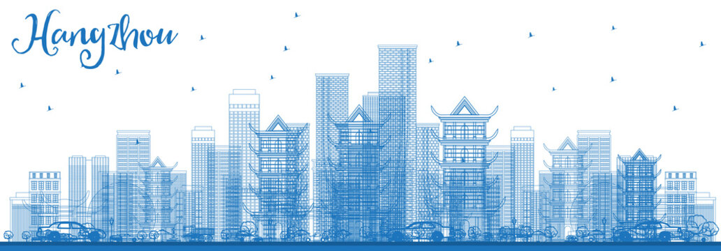 Outline Hangzhou China City Skyline with Blue Buildings.