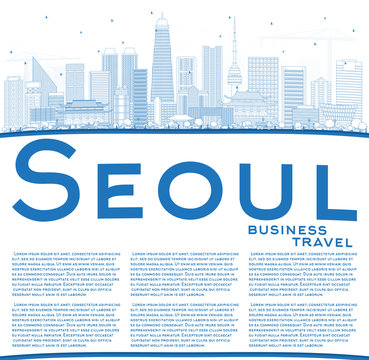 Outline Seoul Korea Skyline with Blue Buildings and Copy Space.