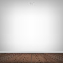 Empty wooden room space and white wall background. Vector illustration.