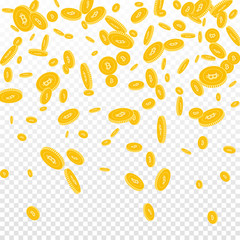 Bitcoin, internet currency coins falling. Scattered disorderly BTC coins on transparent background. Indelible top gradient vector illustration. Jackpot or success concept.