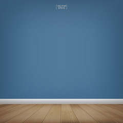 Empty wooden room space with blue concrete wall background. Vector illustration.