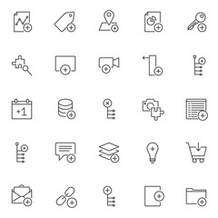 Add elements outline icons set. linear style symbols collection, line signs pack. vector graphics. Set includes icons as add graph, tag, location, pie chart, key, magnifying glass with a puzzle, video
