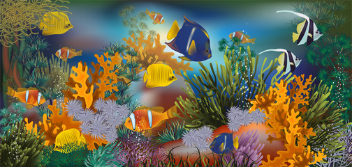 Fototapeta na wymiar Underwater tropical wallpaper, vector illustration