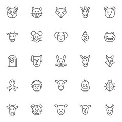 Animals outline icons set. linear style symbols collection, line signs pack. vector graphics. Set includes icons as panda head, cat, fox, zebra, bear, cow, mouse, koala, hen bird crocodile penguin