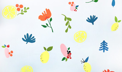 water colour cute wallpaper for kid. hand draw painting, flower, little grass, lemon, lime, green leaf and plant.  