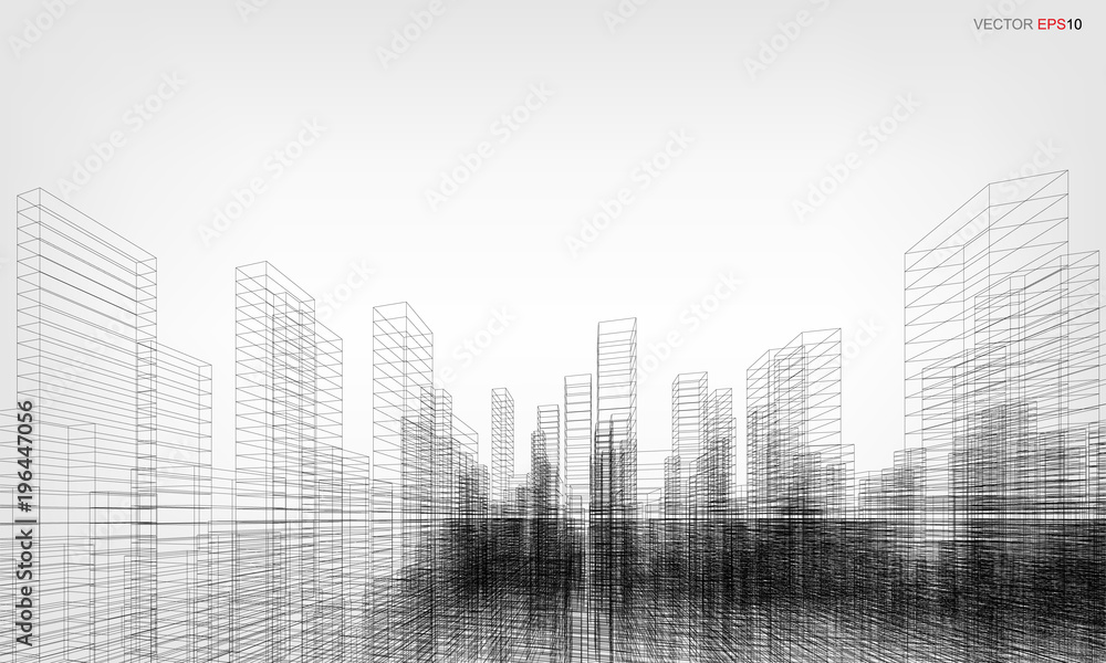 Poster perspective 3d render of building wireframe. vector wireframe city background.