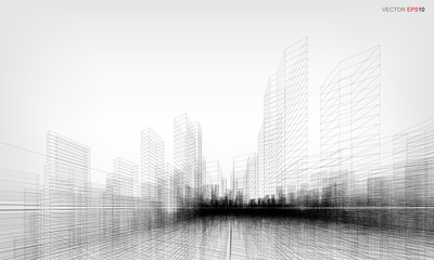 Perspective 3D render of building wireframe. Vector wireframe city background.