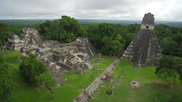 Great aerial shot over the Tikal pyramids in Guatemala.