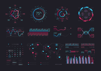 Interface screen with data infographic digital illustration. Dashboard technology hud vector interface and network management data screen with charts and diagrams. - obrazy, fototapety, plakaty