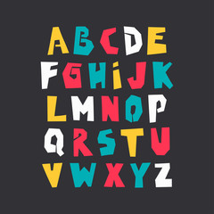 Vector uppercase colorful modern alphabet. Cut out paper font on black background.