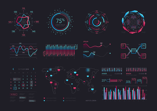 Interface Screen With Data Infographic Digital Illustration. Dashboard Technology Hud Vector Interface And Network Management Data Screen With Charts And Diagrams.