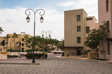 Building on a city street in a summer day