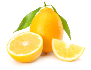 healthy food. lemon with green leaf isolated on white background