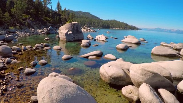 An aerial shot over beautiful boulders in Lake Tahoe, Nevada.