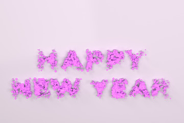 Liquid violet Happy New Year words with drops on white background