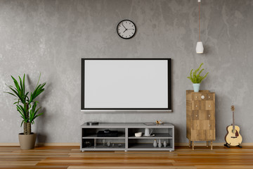 TV hanging on cabinet in living room loft style. 3D Rendering.