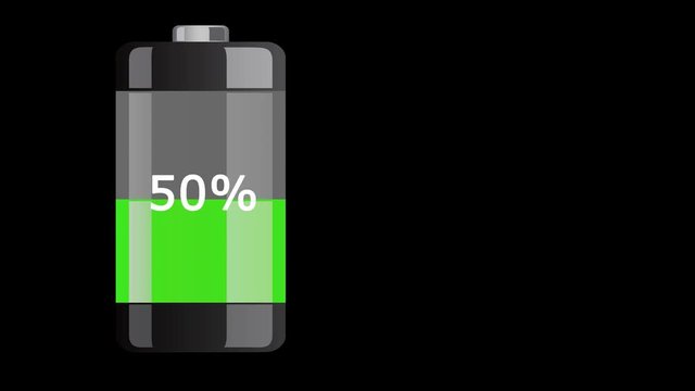 Batteriezelle vertikal stehend, wird geladen. Ladevorgangsanzeige mit Farbwechsel und Prozentanzeige vor schwarzem Hintergrund mit Textfreiraum in 4K