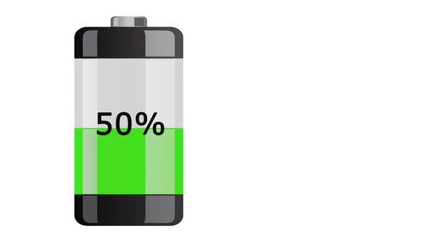 Batteriezelle vertikal stehend wird geladen. Ladevorgangsanzeige mit Farbwechsel und Prozentanzeige vor weissem Hintergrund mit Textfreiraum in 4K