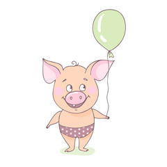 Happy little pig is standing with a balloon