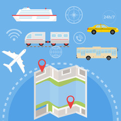 Navigation set of passenger transport with locations and labels on the map. A set of passenger transport.