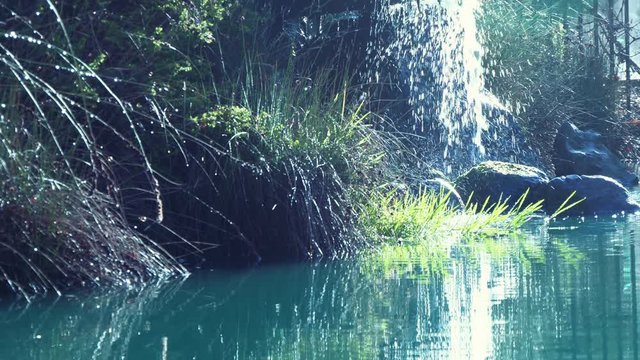 Close up Calm serene pond with waterfall