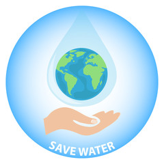 Save the Earth water. The hand holds the planet Earth in the form of a drop of water on the palm of your hand. Ecological banner.