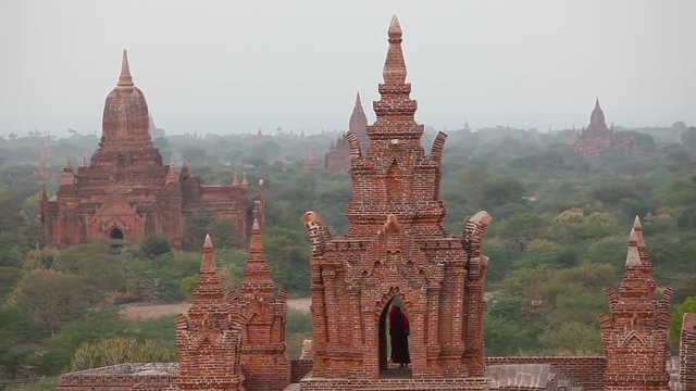 Beautiful sunset behind the temples of Pagan Bagan Burma Myanmar.