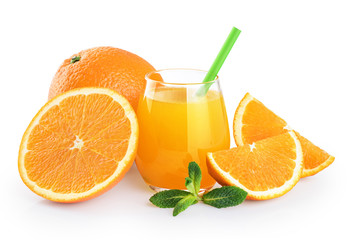 Glass with orange juice, oranges and mint isolated on white background.